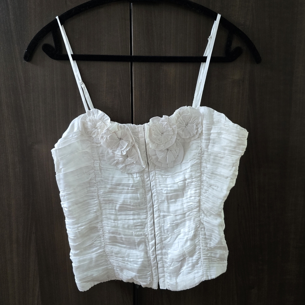 Zara Elegant White Ruched Women's 1/2 Top Flower Detail Adjustable Straps Nwt